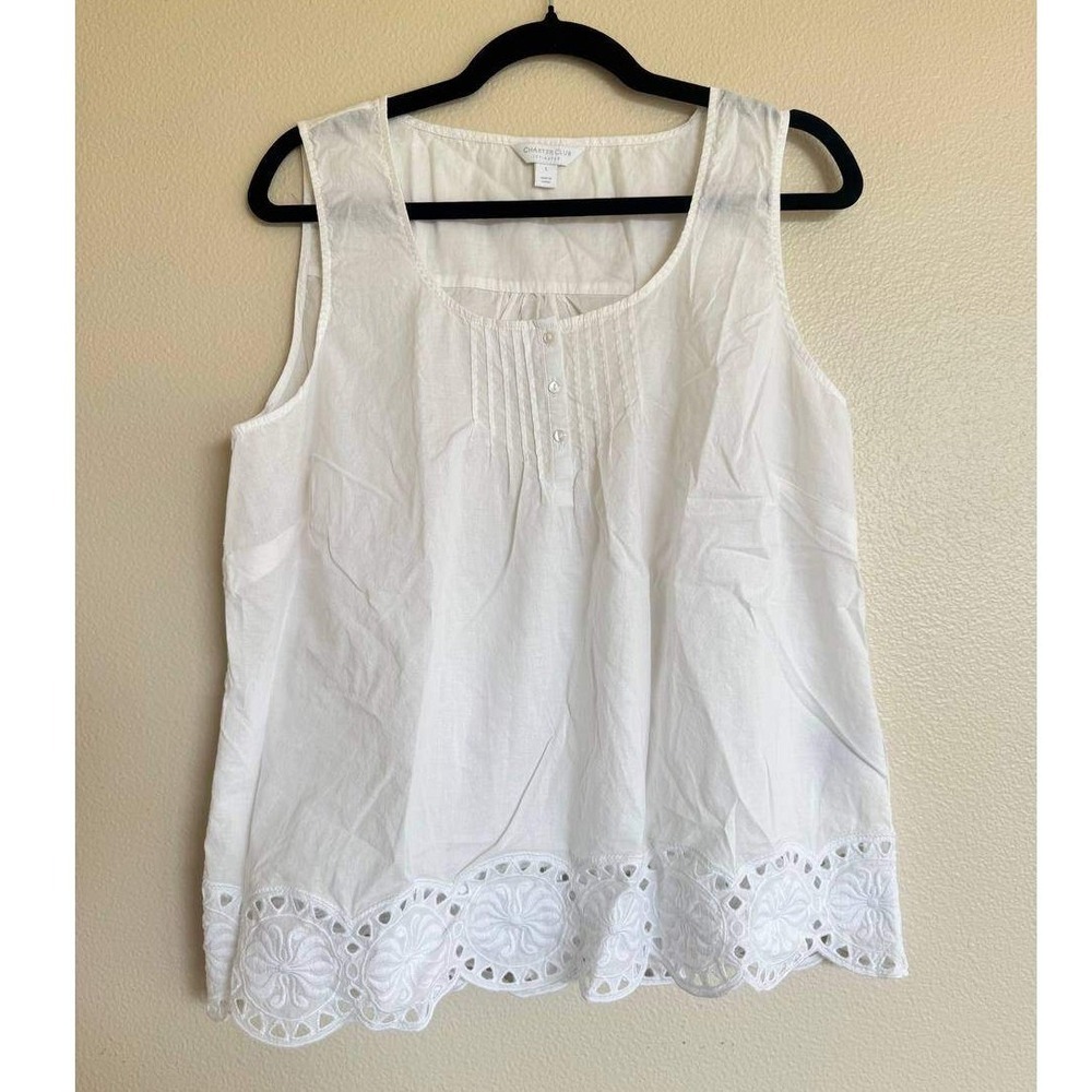 Charter Club White Eyelet Blouse M Bel Kazan Lace Hem Cottagecore Coquette Y2K